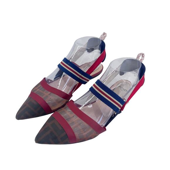 FENDI Colibri red sheer mesh mixed fabric sport strap flats Sz 37 Designer Shoes - Picture 3 of 13